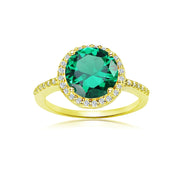 Yellow Gold Flashed Silver Simulated Emerald and Cubic Zirconia Round Halo Ring, Size 10