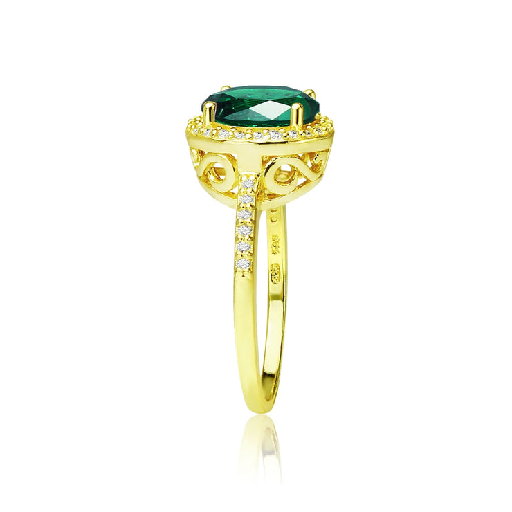 Yellow Gold Flashed Silver Simulated Emerald and Cubic Zirconia Round Halo Ring, Size 10
