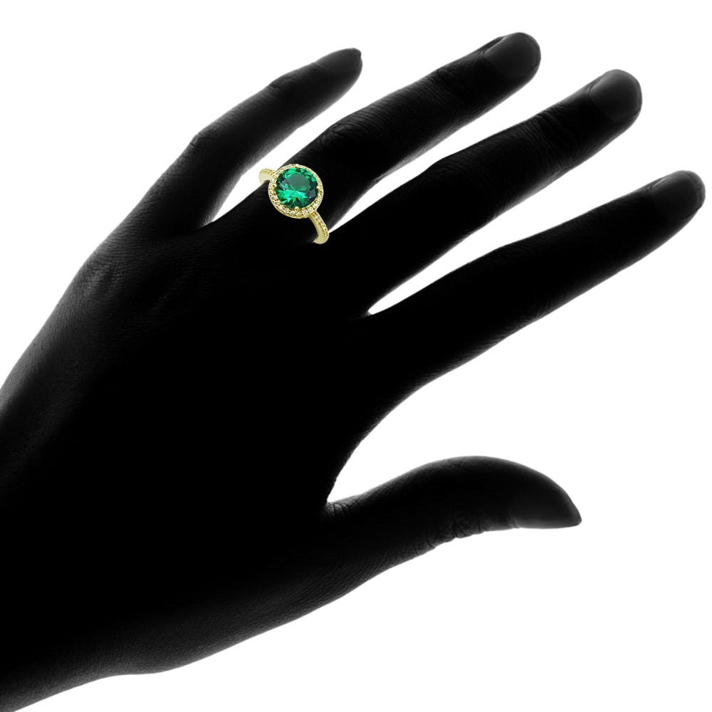 Yellow Gold Flashed Silver Simulated Emerald and Cubic Zirconia Round Halo Ring, Size 10-3