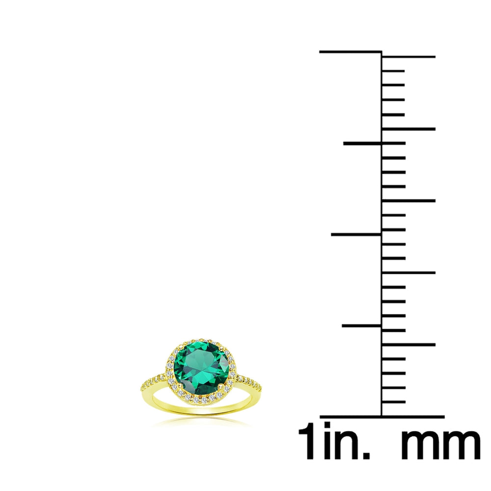 Yellow Gold Flashed Silver Simulated Emerald and Cubic Zirconia Round Halo Ring, Size 10-4