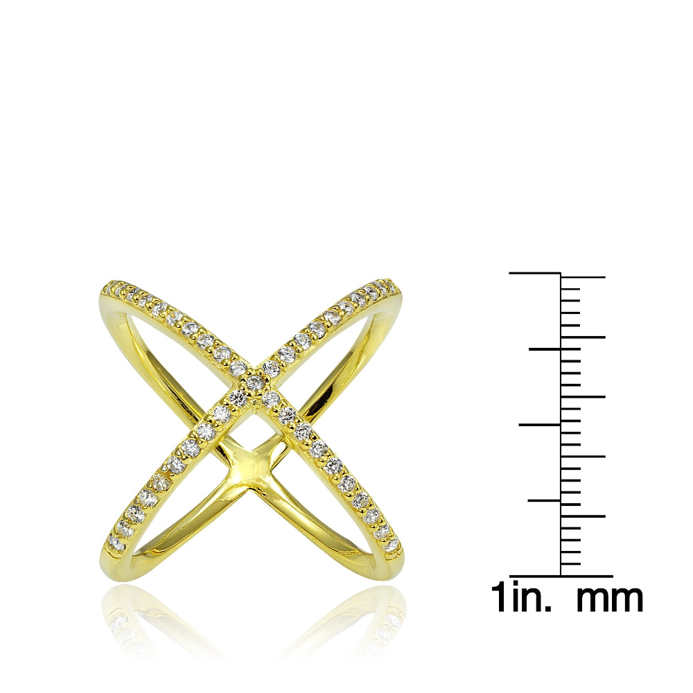 Gold Tone over Sterling Silver Cubic Zirconia Criss-Cross X Ring-3