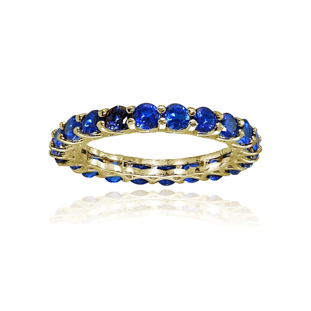 Yellow Gold Flashed Silver Created Blue Sapphire 3mm Round-cut Eternity Band Ring