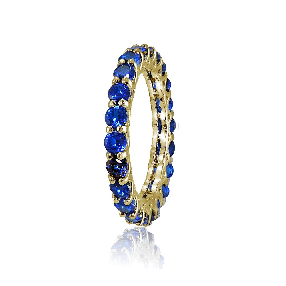 Yellow Gold Flashed Silver Created Blue Sapphire 3mm Round-cut Eternity Band Ring-2