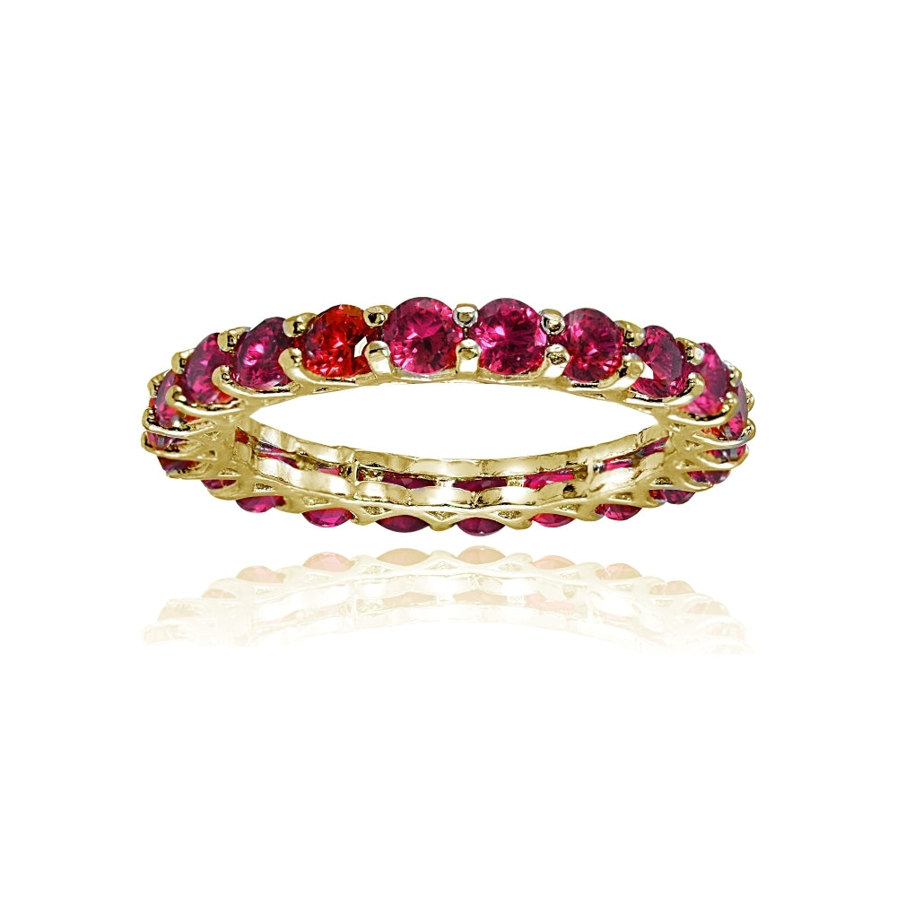 Yellow Gold Flashed Sterling Silver Created Ruby 3mm Round-cut Eternity Band Ring