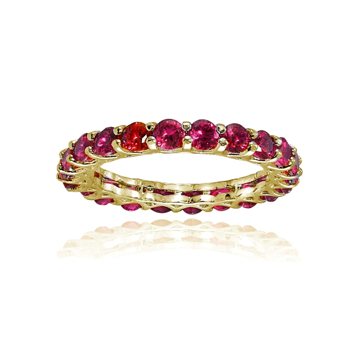 Yellow Gold Flashed Sterling Silver Created Ruby 3mm Round-cut Eternity Band Ring