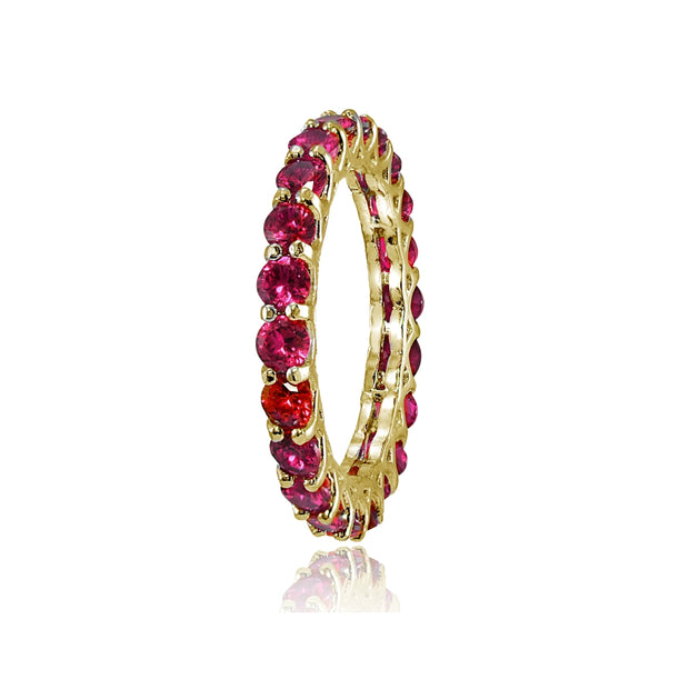 Yellow Gold Flashed Sterling Silver Created Ruby 3mm Round-cut Eternity Band Ring