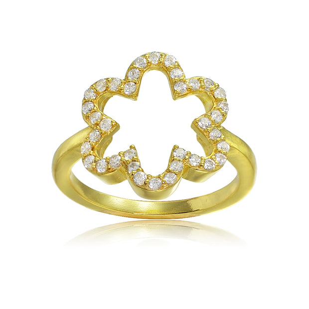 Yellow Gold Flashed Sterling Silver Cubic Zirconia Open Flower Ring,