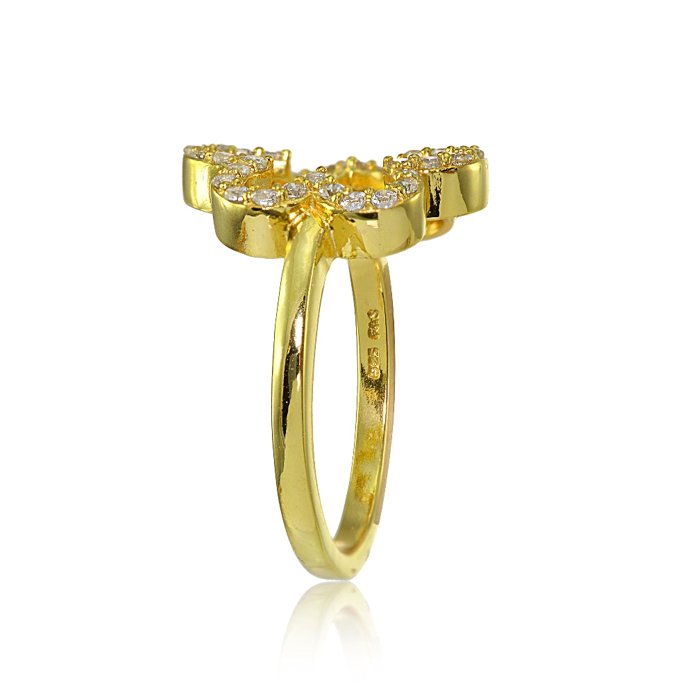 Yellow Gold Flashed Sterling Silver Cubic Zirconia Open Flower Ring,-2