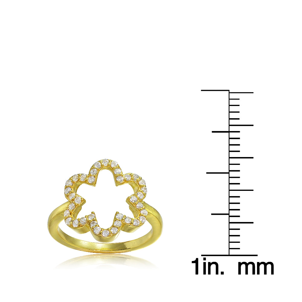 Yellow Gold Flashed Sterling Silver Cubic Zirconia Open Flower Ring,-3