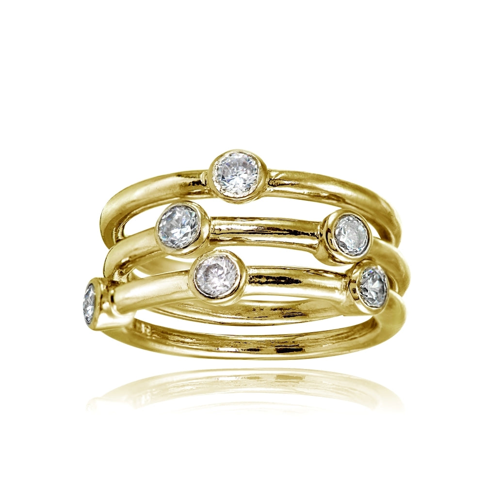 Yellow Gold Flashed Sterling Silver Cubic Zirconia Set of 3 Stackable Bezel-set Band Rings