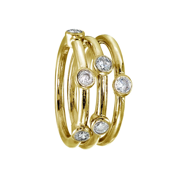 Yellow Gold Flashed Sterling Silver Cubic Zirconia Set of 3 Stackable Bezel-set Band Rings