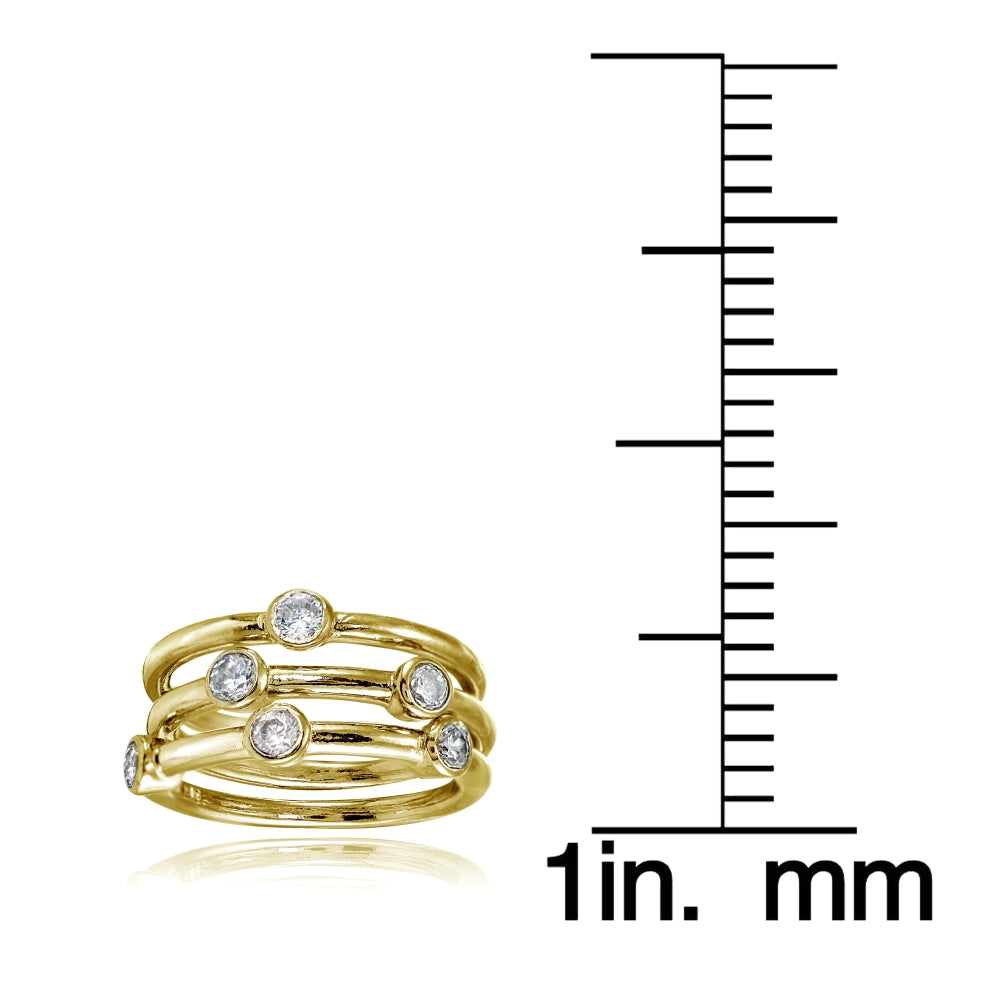 Yellow Gold Flashed Sterling Silver Cubic Zirconia Set of 3 Stackable Bezel-set Band Rings-3