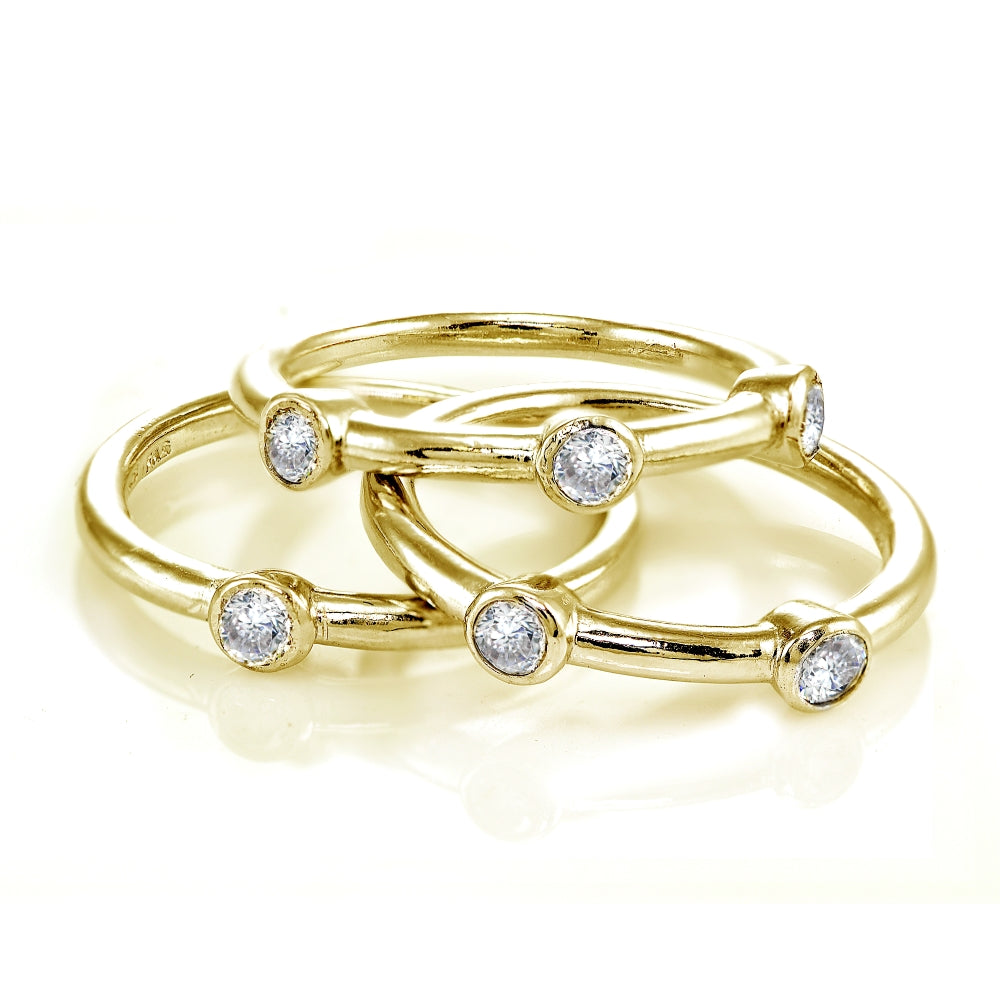Yellow Gold Flashed Sterling Silver Cubic Zirconia Set of 3 Stackable Bezel-set Band Rings-4