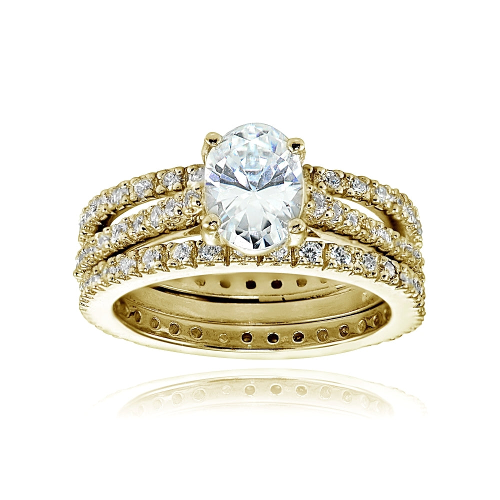Yellow Gold Flashed Sterling Silver 3ct Cubic Zirconia Bridal Wedding Band Ring Set