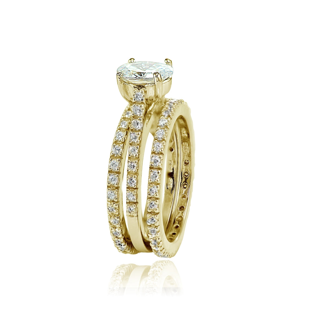 Yellow Gold Flashed Sterling Silver 3ct Cubic Zirconia Bridal Wedding Band Ring Set-2