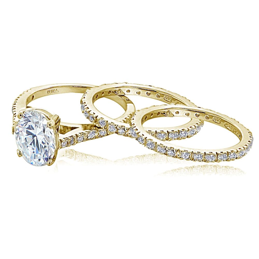 Yellow Gold Flashed Sterling Silver 3ct Cubic Zirconia Bridal Wedding Band Ring Set-4