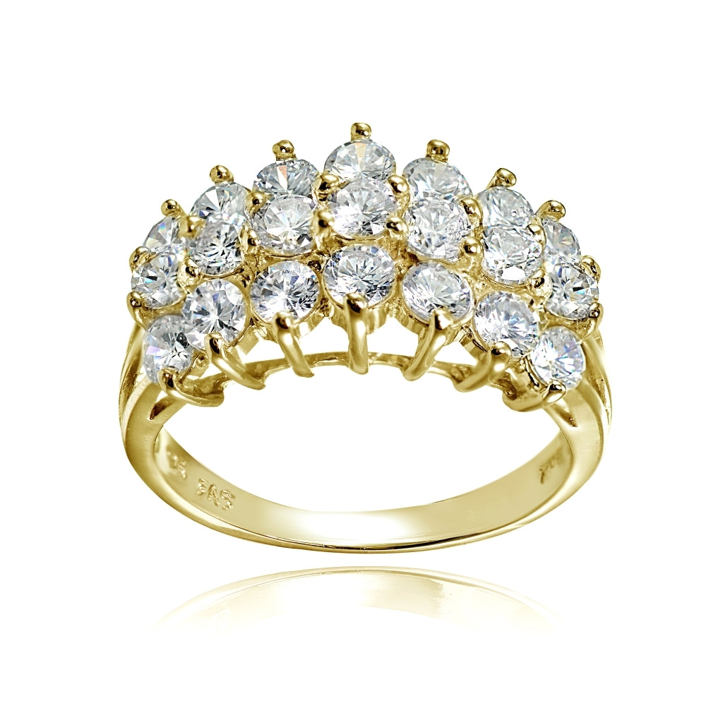Yellow Gold Flashed Sterling Silver CZ 3 Row Half Eternity Anniversary Ring, S