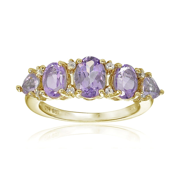 Yellow Gold Flashed Sterling Silver Amethyst and White Topaz -Stone Half Eternity Band Ring