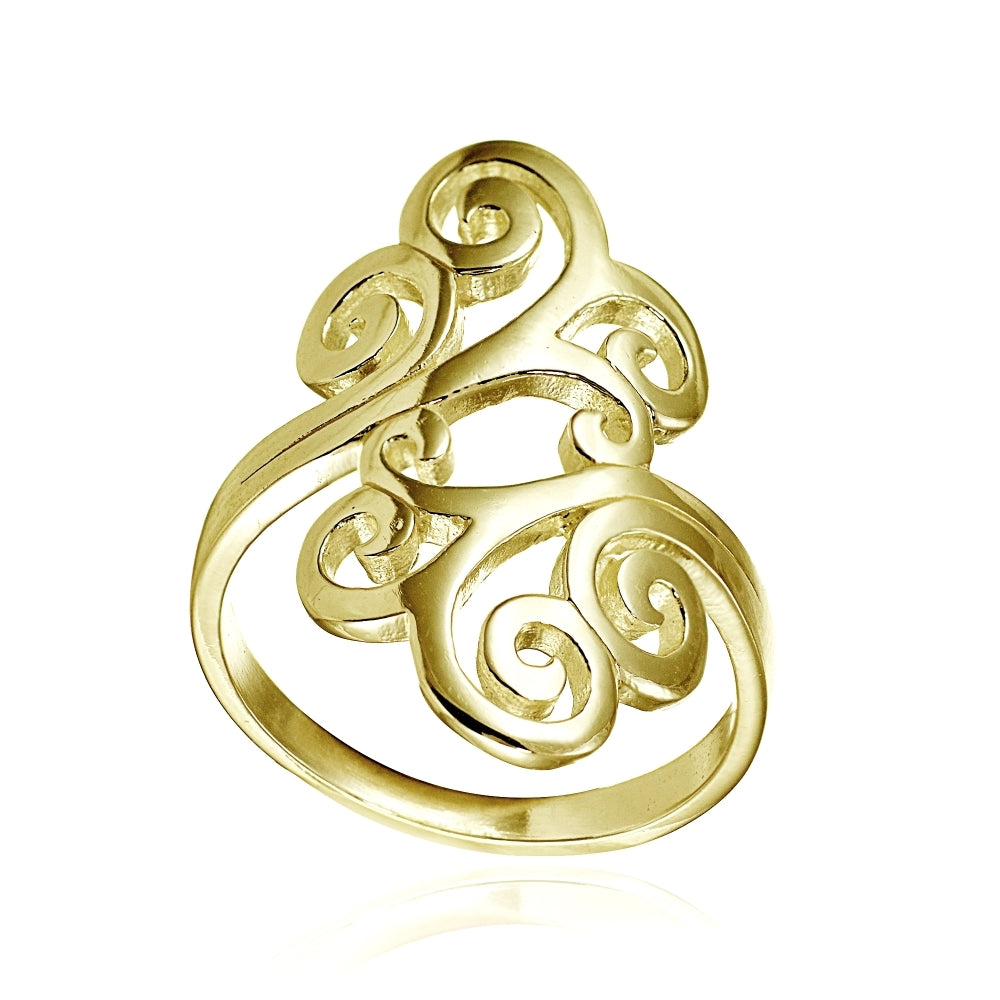 Yellow Gold Flashed Sterling Silver High Polished Open Filigree Fashion Ring