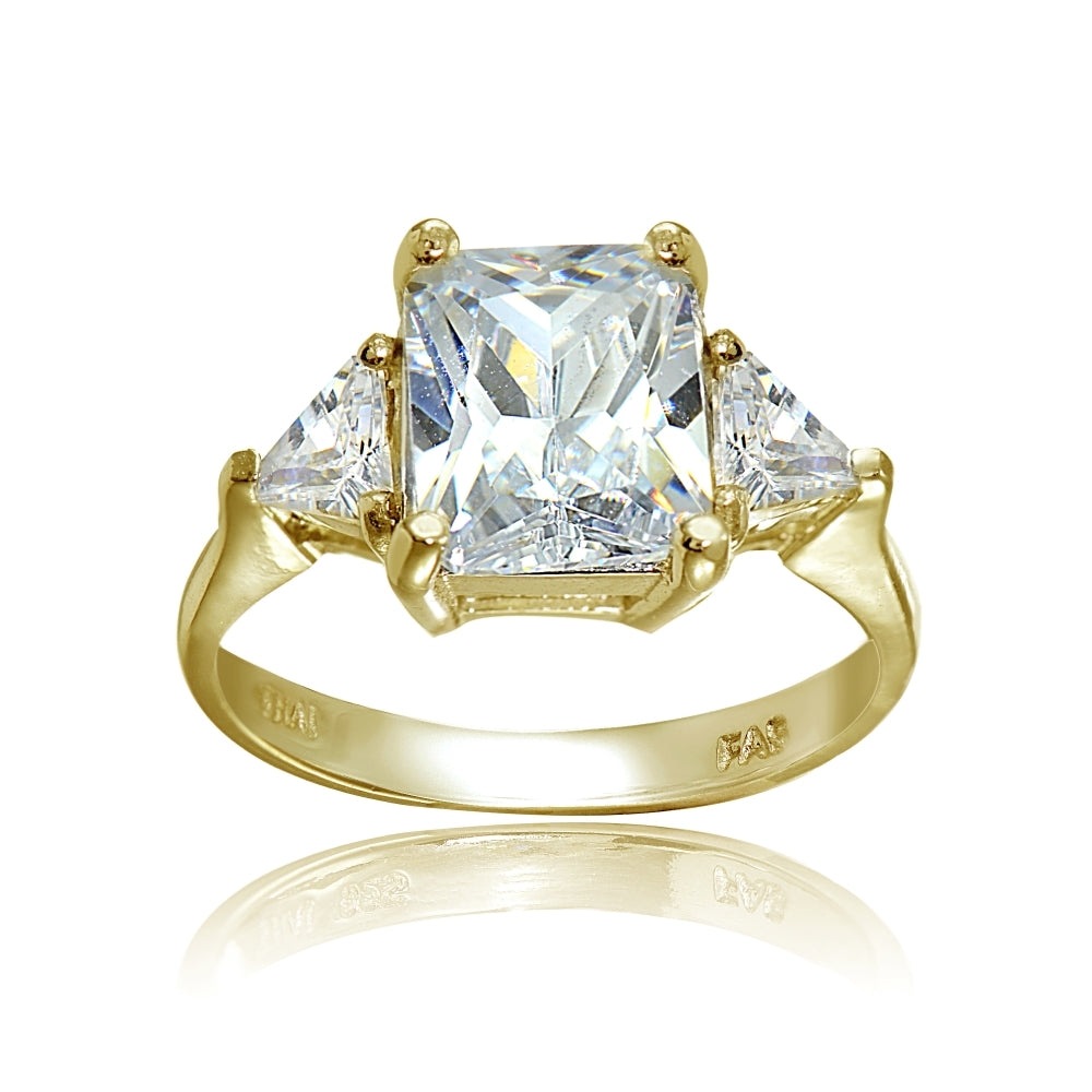 Yellow Gold Flashed Sterling Silver CZ Trillion and Emerald-Cut Engagement Ring