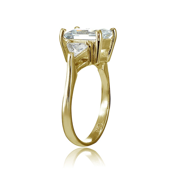Yellow Gold Flashed Sterling Silver CZ Trillion and Emerald-Cut Engagement Ring