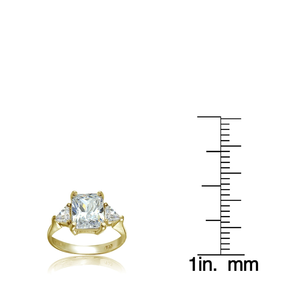 Yellow Gold Flashed Sterling Silver CZ Trillion and Emerald-Cut Engagement Ring-3