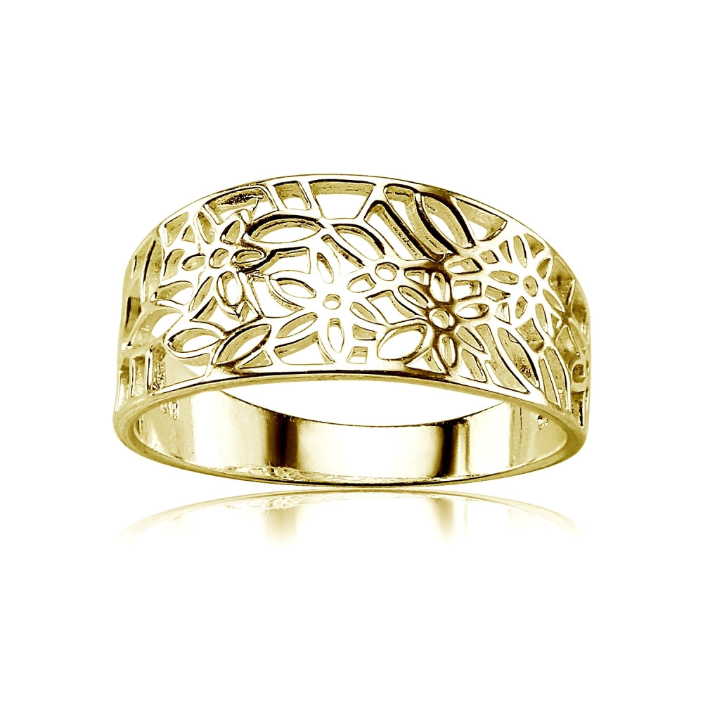 Yellow Gold Flashed Sterling Silver Polished Filigree Flower Ring,