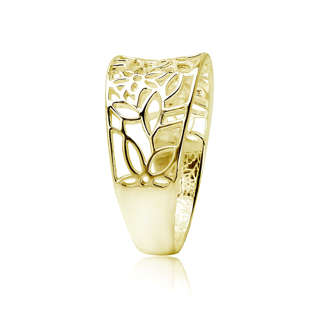 Yellow Gold Flashed Sterling Silver Polished Filigree Flower Ring,-3