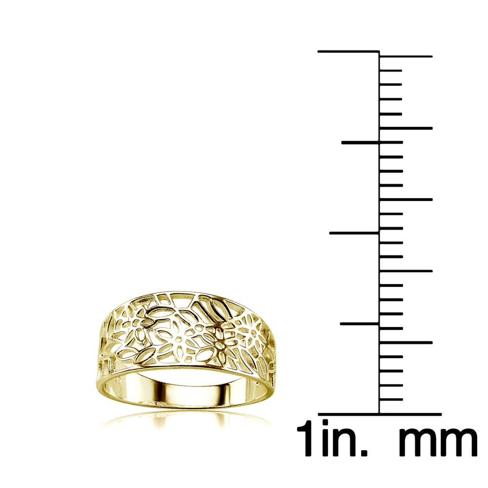 Yellow Gold Flashed Sterling Silver Polished Filigree Flower Ring,-4