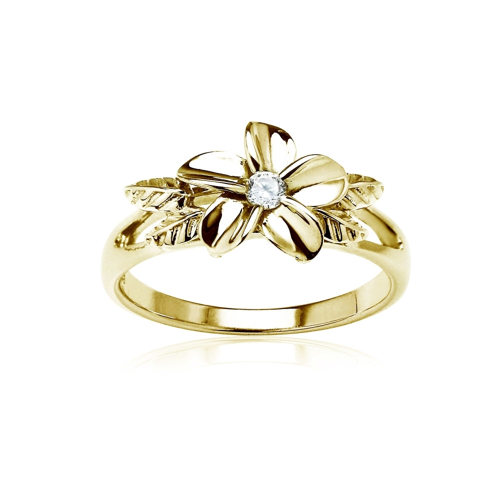 Yellow Gold Flashed Sterling Silver Cubic Zirconia Petal Flower Ring,
