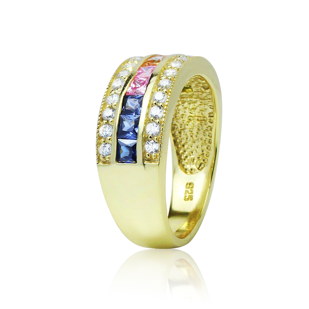 Yellow Gold Flashed Sterling Silver Multi-Color Cubic Zirconia Channel Set Fashion Ring,-2