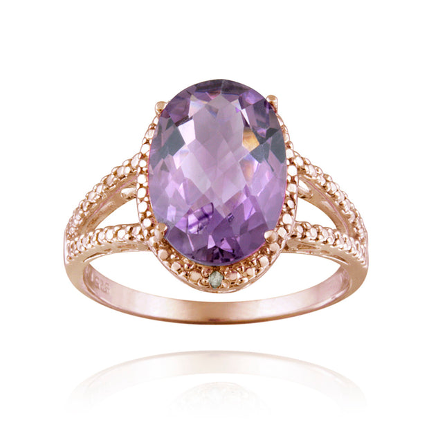 1K Rose Gold over Sterling Silver 4ct Amethyst & Diamond Accent Oval Ring