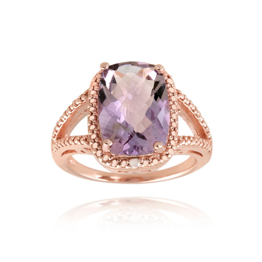 1K Rose Gold over Sterling Silver .1 ct Amethyst & Diamond Accent Cushion Cut Ring
