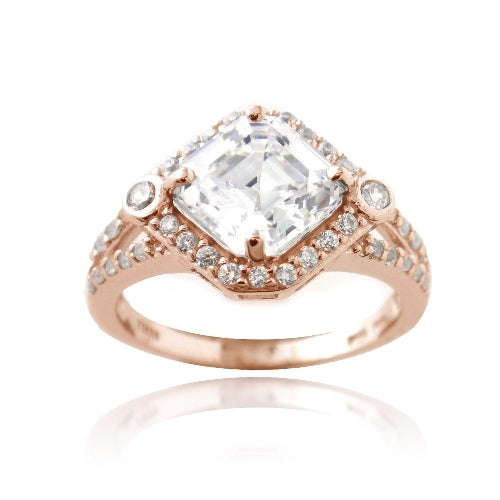 1K Rose Gold over Sterling Silver 3ct Asscher Cut CZ Geometric Split Shank Ring