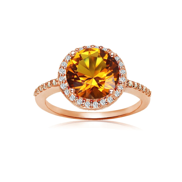 Rose Gold Flashed Silver Created Citrine and Cubic Zirconia Round Halo Ring,