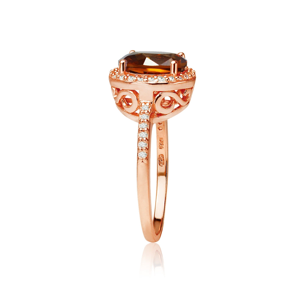 Rose Gold Flashed Silver Created Citrine and Cubic Zirconia Round Halo Ring,-2