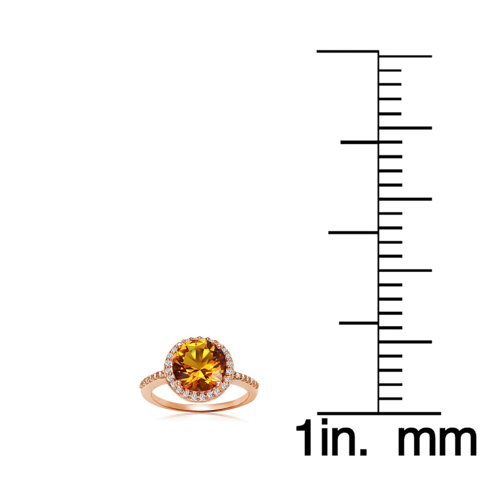 Rose Gold Flashed Silver Created Citrine and Cubic Zirconia Round Halo Ring,-4