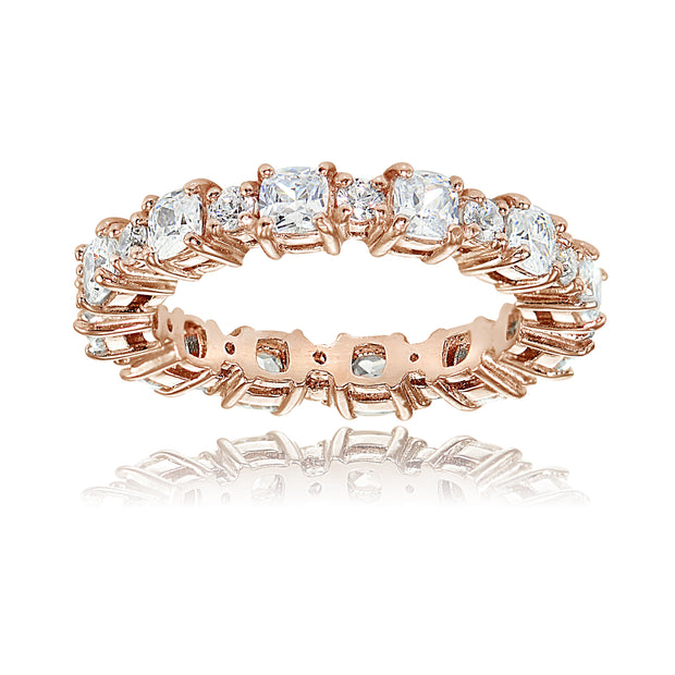 1K Rose Gold over Silver Cubic Zirconia Cushion & Round-cut Eternity Band Ring
