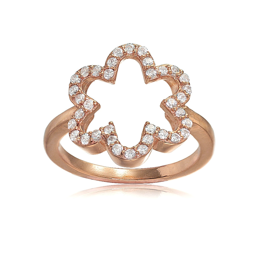 Rose Gold Flashed Sterling Silver Cubic Zirconia Open Flower Ring,