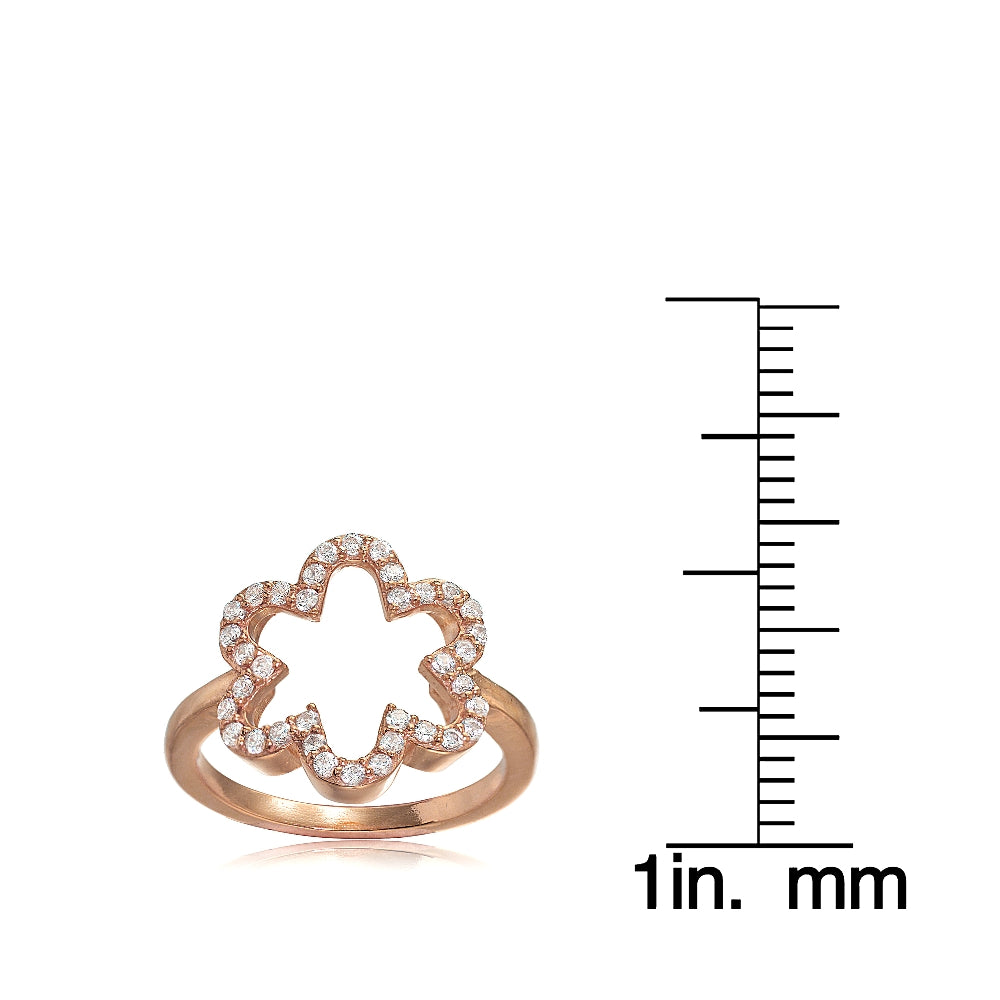 Rose Gold Flashed Sterling Silver Cubic Zirconia Open Flower Ring,-3