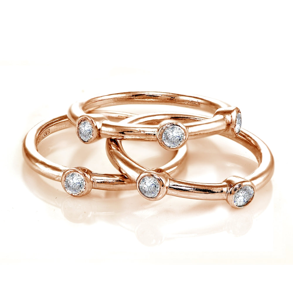 Rose Gold Flashed Sterling Silver Cubic Zirconia Set of 3 Stackable Bezel-set Band Rings-4