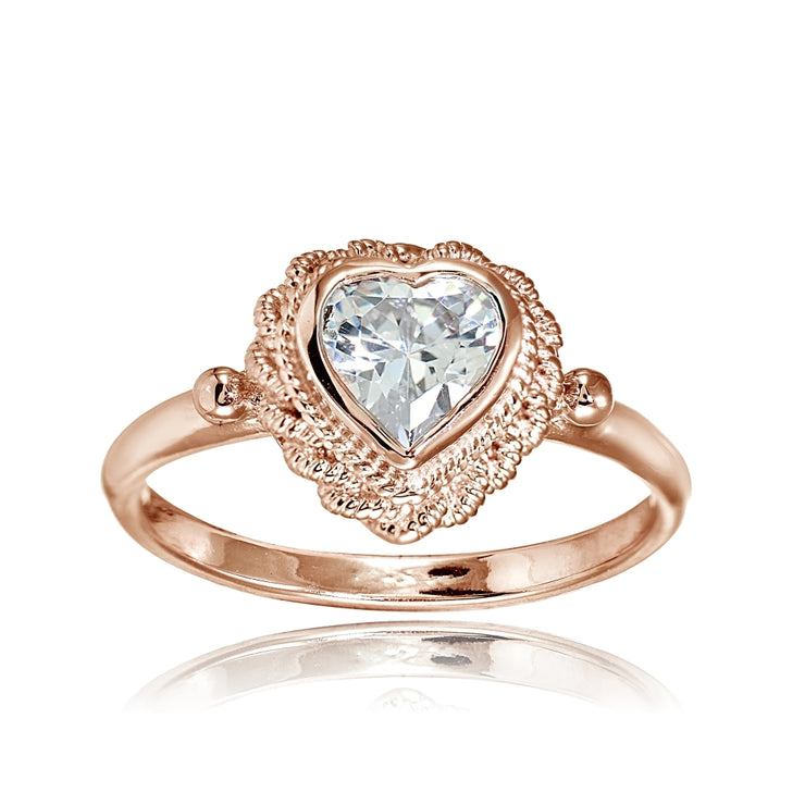 Rose Gold Flashed Sterling Silver Cubic Zirconia Heart Ring