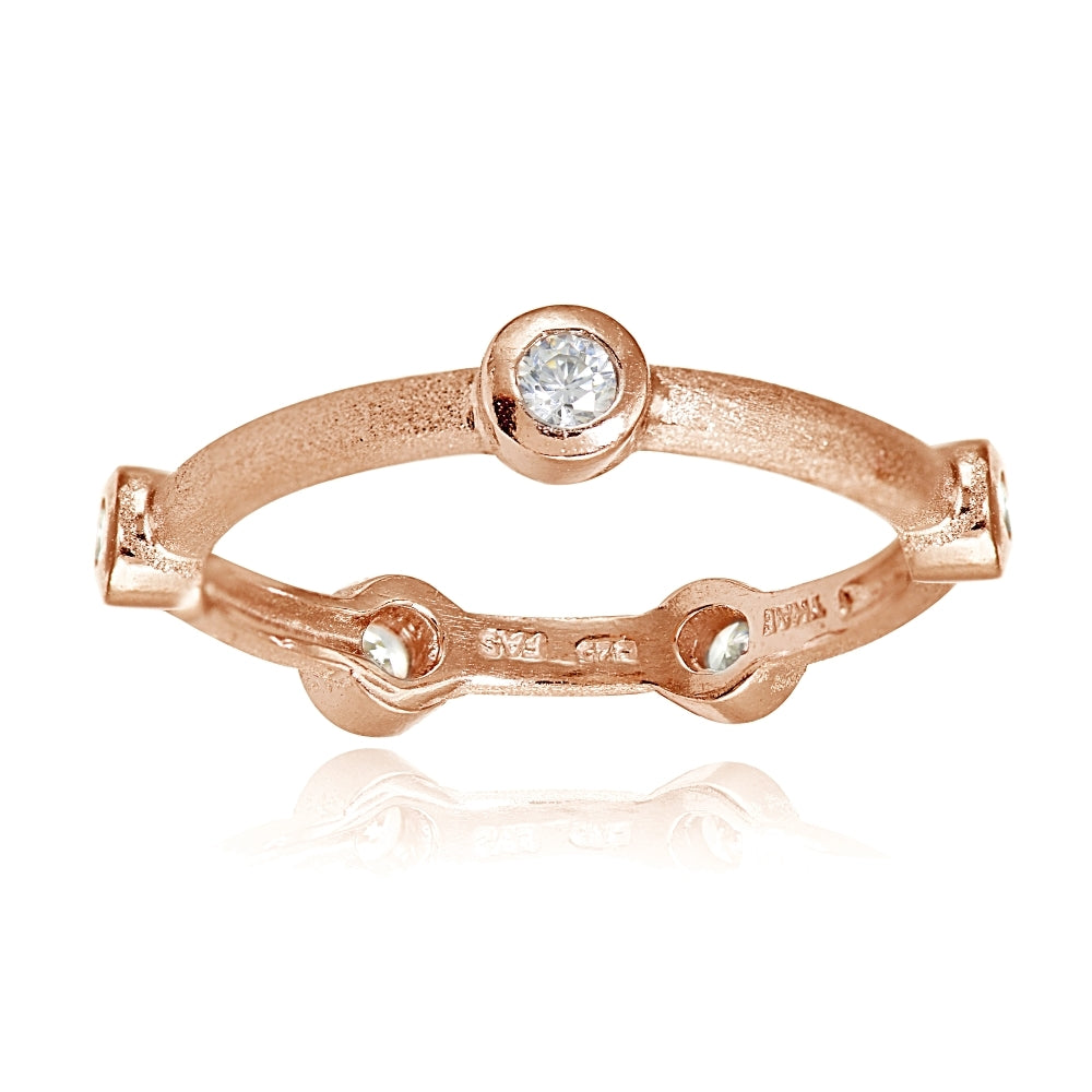 Rose Gold Flashed Sterling Silver Brushed Satin Cubic Zirconia Ring