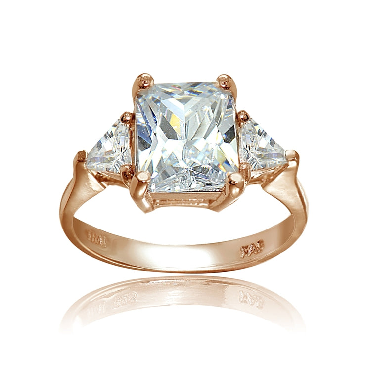 Rose Gold Flashed Sterling Silver CZ Trillion and Emerald-Cut Engagement Ring