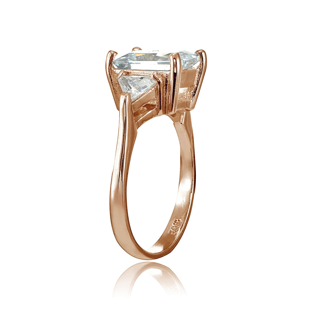 Rose Gold Flashed Sterling Silver CZ Trillion and Emerald-Cut Engagement Ring-3