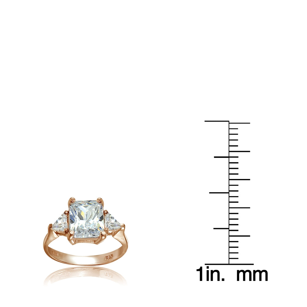 Rose Gold Flashed Sterling Silver CZ Trillion and Emerald-Cut Engagement Ring-4