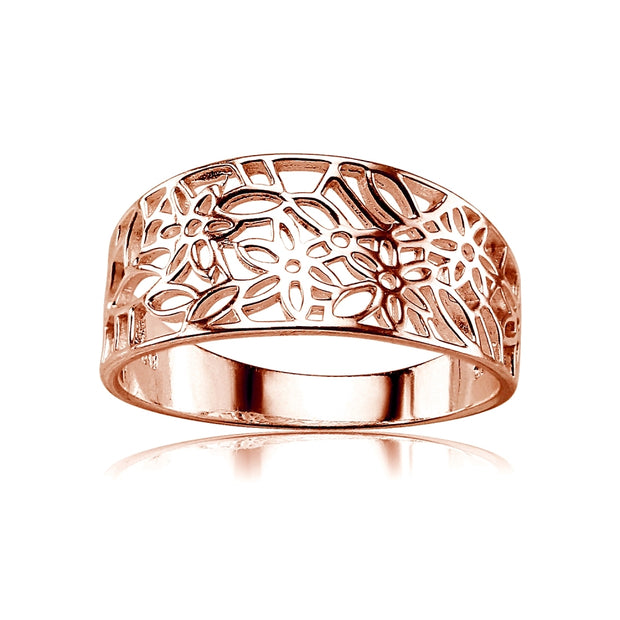 Rose Gold Flashed Sterling Silver Polished Filigree Flower Ring,