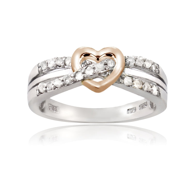 Sterling Silver Rose Gold Two-Tone 1/ ct Diamond Twist & Heart Promise Ring