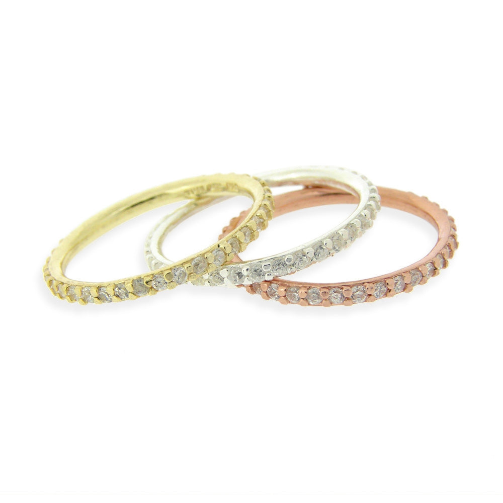 Sterling Silver Tri-Color Stackable CZ Eternity Band Ring Set-2
