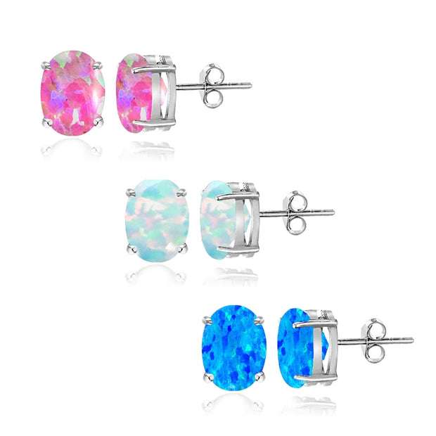 Sterling Silver 1.65ct Blue White and Pink Created Opal 5x3 Oval Stud Earrings, Set of 3